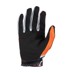 The O'NEAL VAULT glove RACEWEAR by O'NEAL is a black MTB glove with orange and white accents, pictured palm up on a white background. It has a Velcro wrist strap for adjustment and offers excellent grip and flexibility.
