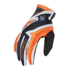 The O'NEAL VAULT glove RACEWEAR in black, orange and white offers graphic designs, reinforced fingers, flexibility and strong grip - perfect for motorcycling or cycling. Shown on a black background.