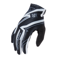 The O'NEAL VAULT glove RACEWEAR, a black and white glove with geometric patterns by O'NEAL, offers strong grip and flexibility. It is shown with the palm facing down on a white background.