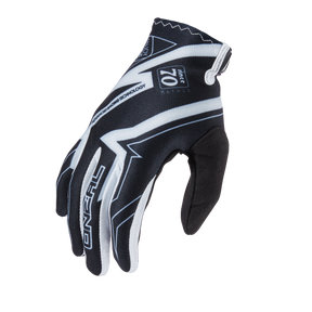 The O'NEAL VAULT glove RACEWEAR, a black and white glove with geometric patterns by O'NEAL, offers strong grip and flexibility. It is shown with the palm facing down on a white background.