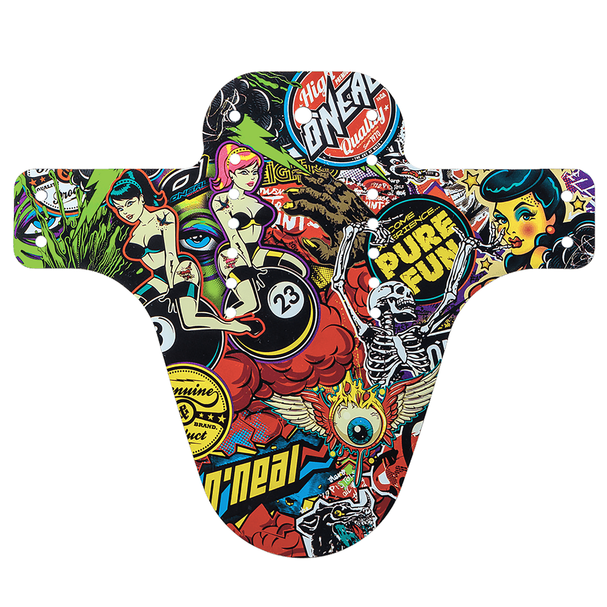 The AZONIC SPLATTER mudguard CRANK by AZONIC is a colorful bike mudguard with vibrant pop art stickers featuring cartoon women, a skeleton, skulls, a winged eyeball, bold text and eye-catching graphic designs.