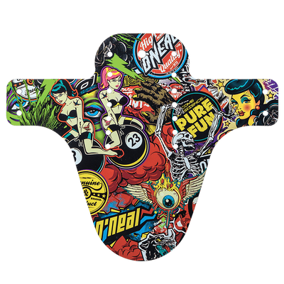 The AZONIC SPLATTER mudguard CRANK by AZONIC is a colorful bike mudguard with vibrant pop art stickers featuring cartoon women, a skeleton, skulls, a winged eyeball, bold text and eye-catching graphic designs.