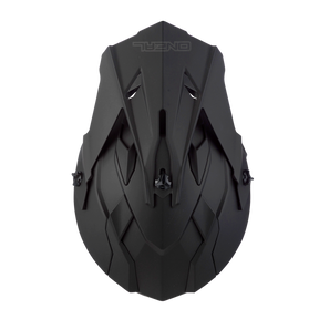 Ein mattschwarzes, kantiges O'NEAL 2SRS Helm FLAT Fahrradhelmvisier mit scharfen geometrischen Linien, von oben gesehen. Perfektes Fahrradzubehör von O'NEAL mit auffälligem Branding im oberen Bereich für einen markanten Look.