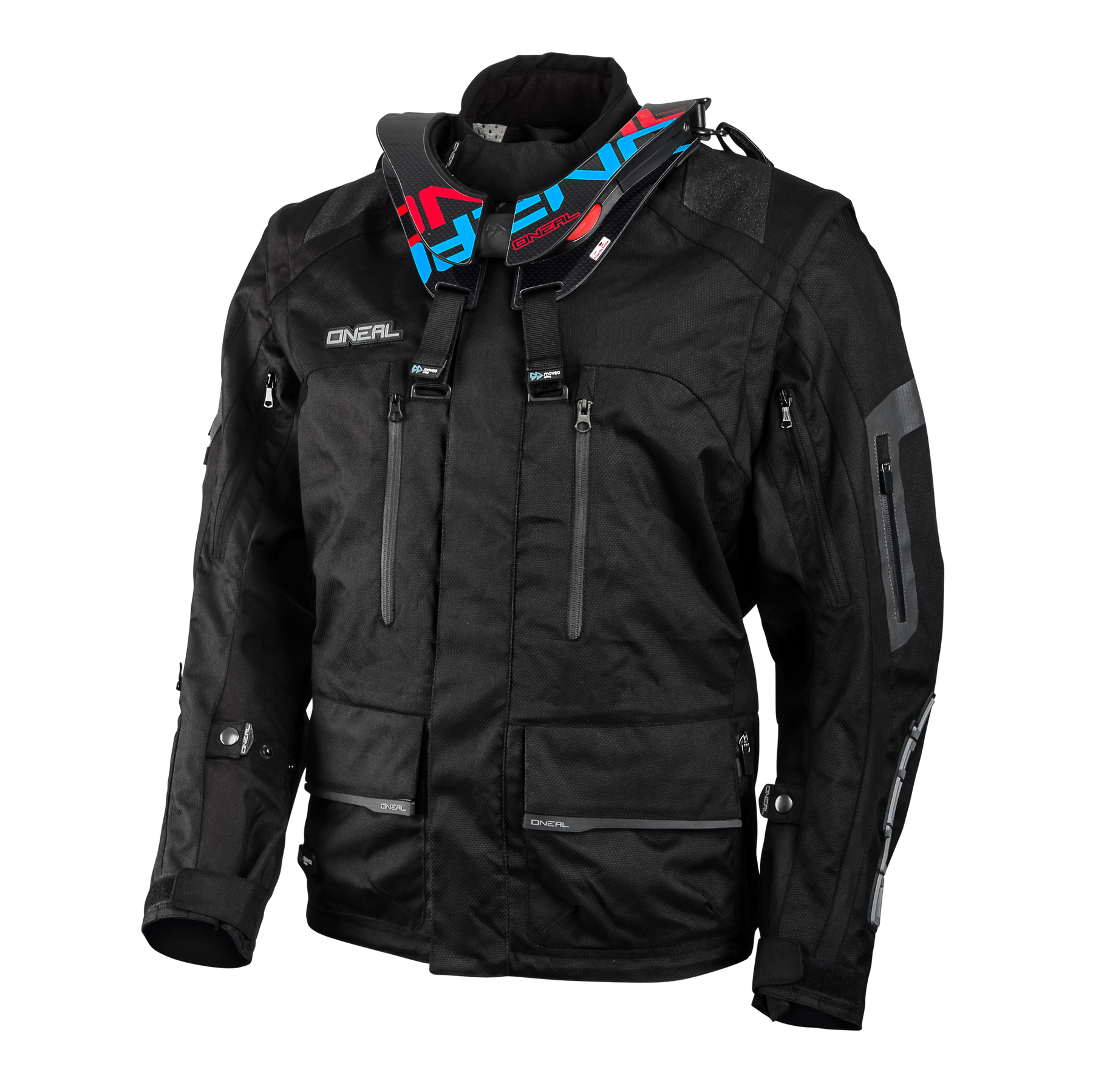 Die O'NEAL BAJA Enduro Moveo Jacke in Schwarz verfügt über Reißverschlusstaschen, verstellbare Träger, eine rote und blaue Halskrause, Brust- und Ärmelbranding sowie reflektierende Armakzente - die ideale Motorsportausrüstung von O'NEAL.