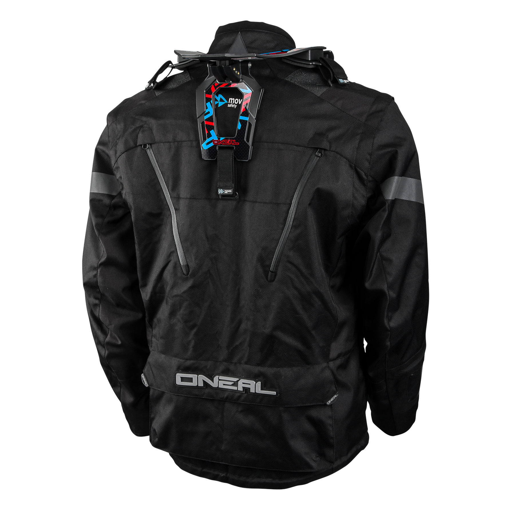 Die schwarze O'NEAL BAJA Enduro Moveo Jacke ist von hinten zu sehen und verfügt über zwei vertikale Belüftungsöffnungen mit Reißverschluss, reflektierende Ärmelstreifen und eine Moveo Halskrause mit roten und blauen Akzenten.