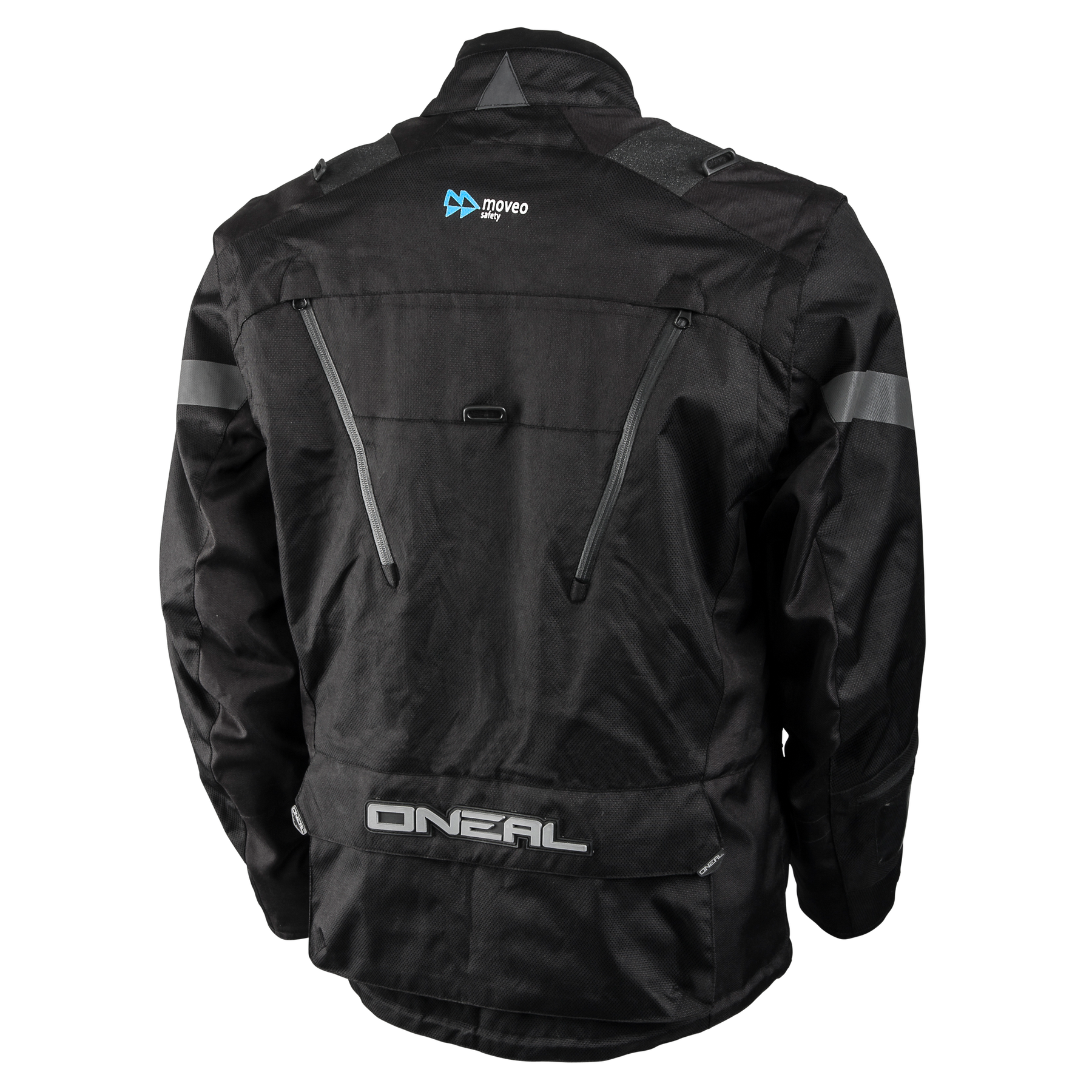 Die von hinten gezeigte O'NEAL BAJA Enduro Moveo Jacke in schwarz hat reflektierende Streifen, Belüftungsöffnungen mit Reißverschluss und O'NEAL und moveo motorsport Logos auf dem oberen und unteren Rücken.