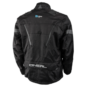 Die von hinten gezeigte O'NEAL BAJA Enduro Moveo Jacke in schwarz hat reflektierende Streifen, Belüftungsöffnungen mit Reißverschluss und O'NEAL und moveo motorsport Logos auf dem oberen und unteren Rücken.
