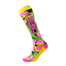 The O'NEAL PRO MX sock ISLAND is a colorful mountain bike sock with a yellow, pink and green hibiscus flower pattern, yellow accents on the top, heel and toe and eye-catching "O'NEAL" lettering on the side.
