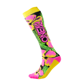 The O'NEAL PRO MX sock ISLAND is a colorful mountain bike sock with a yellow, pink and green hibiscus flower pattern, yellow accents on the top, heel and toe and eye-catching "O'NEAL" lettering on the side.
