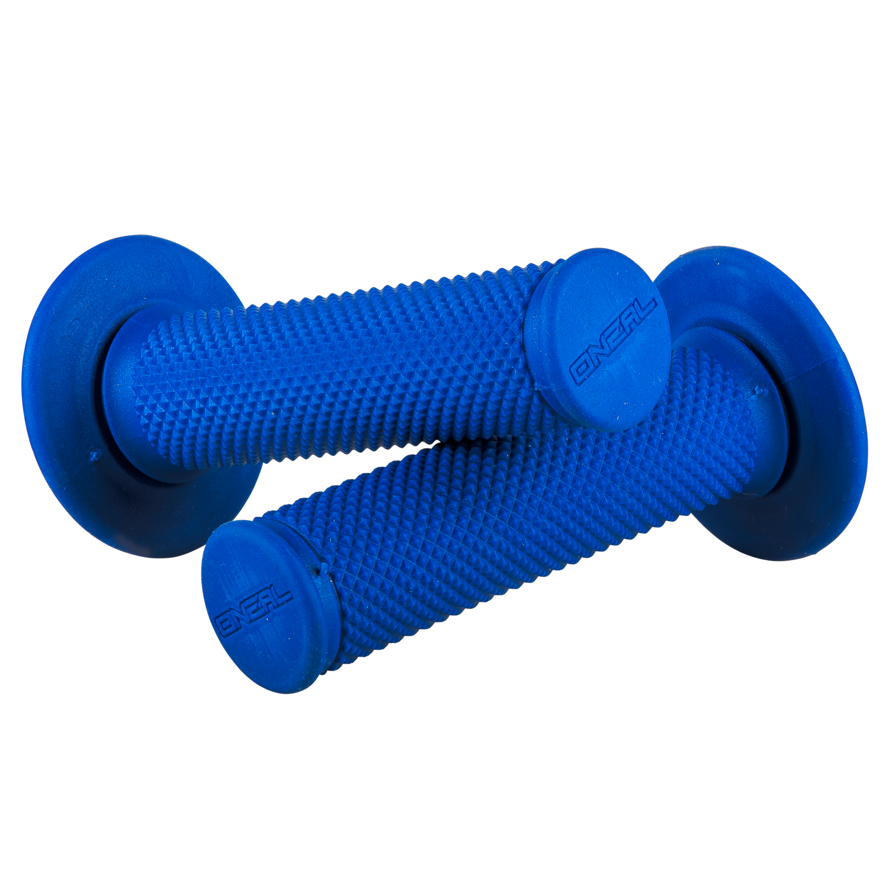 Ein Paar blaue O'NEAL MX Griffe DIAMOND Lenkergriffe mit ausgestellten Enden und "O'NEAL"-Prägung auf den Endkappen für sicheren Halt und verbessertes Fahrgefühl.