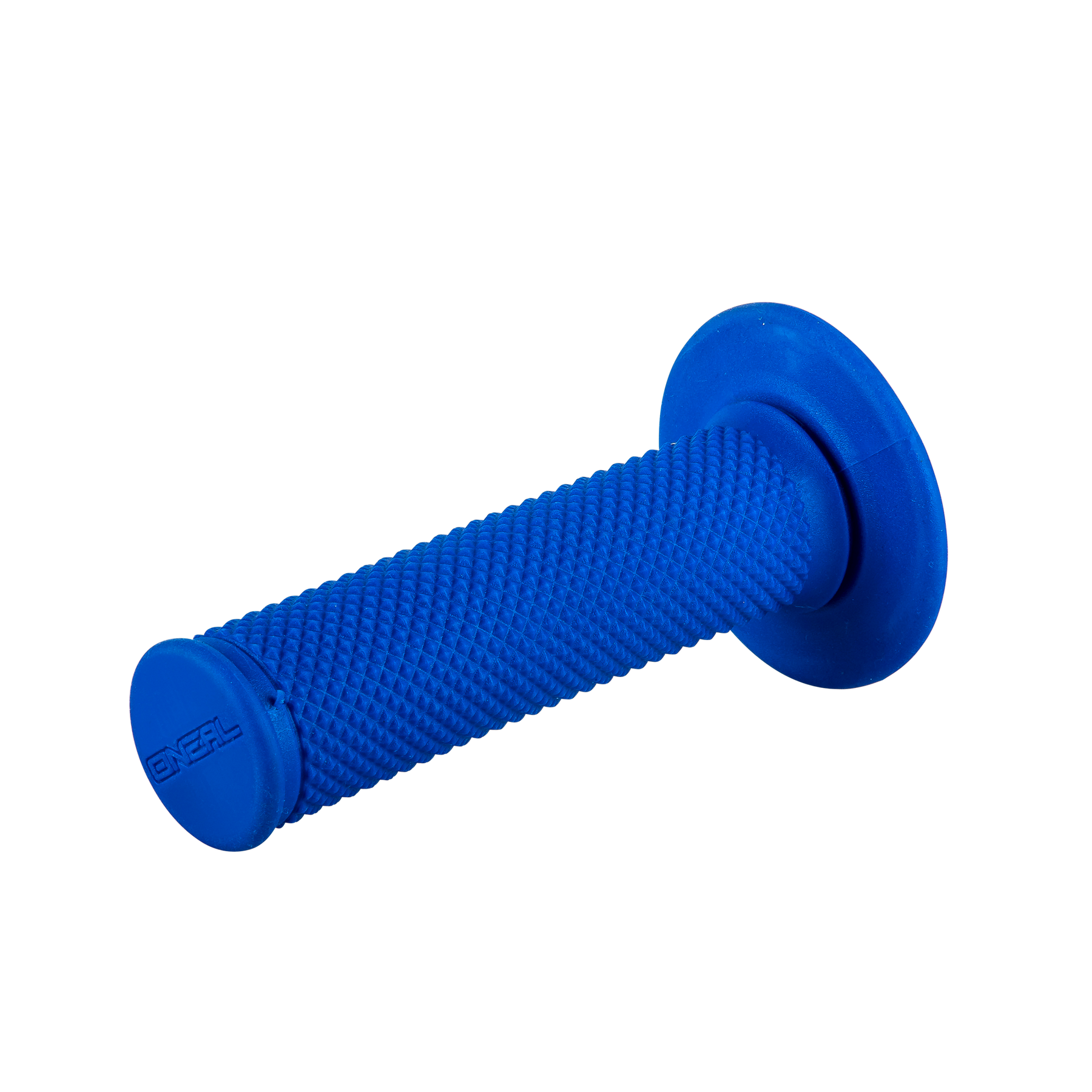 Ein einzelner blauer O'NEAL MX Grips DIAMOND Lenkergriff mit aufgeweitetem Ende und flacher Kappe. Die Diamant-Textur sorgt für sicheren Halt und verbessertes Fahrgefühl, mit "O'NEAL"-Branding auf der Endkappe.