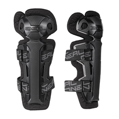 The O'NEAL PRO II RL Knee Guard CARBON features adjustable straps, padding, a carbon fiber pattern and eye-catching O'NEAL branding - ideal for protection during sports or cycling.