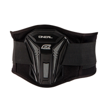 Der O'NEAL PXR Nierengurt ist ein schwarzer Rückenstützgurt mit harter Schutzschale, Netzseiten und verstellbaren elastischen Riemen, ideal für die Sicherheit beim Sport oder Motocross.