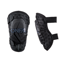 Two black O'NEAL knee pads are shown - one showing the front with logo, the other showing the side straps - perfect for combining with O'NEAL PEEWEE elbow pads youth for complete protection.