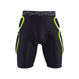 The O'NEAL TRAIL shorts have a black, padded, sporty design with neon yellow trims and "O'NEAL" lettering on the waistband, which stands out against a black background.