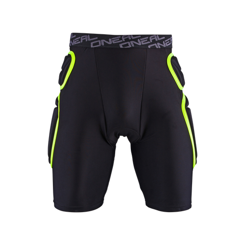 Die O'NEAL TRAIL Short hat ein schwarzes, gepolstertes, sportliches Design mit neongelben Abschlüssen und dem Schriftzug 
