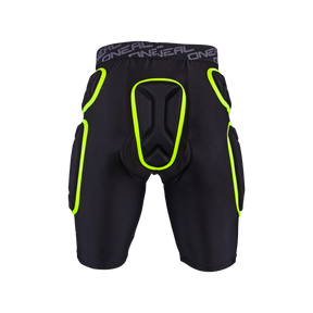 Die O'NEAL TRAIL Short ist eine schwarze, gepolsterte Sporthose mit leuchtend gelb-grüner Polsterung an Oberschenkeln, Hüfte und Leiste sowie einem grauen Bund mit dem Markenzeichen "ONEAL". Sie ist auf einem schlichten schwarzen Hintergrund abgebildet.