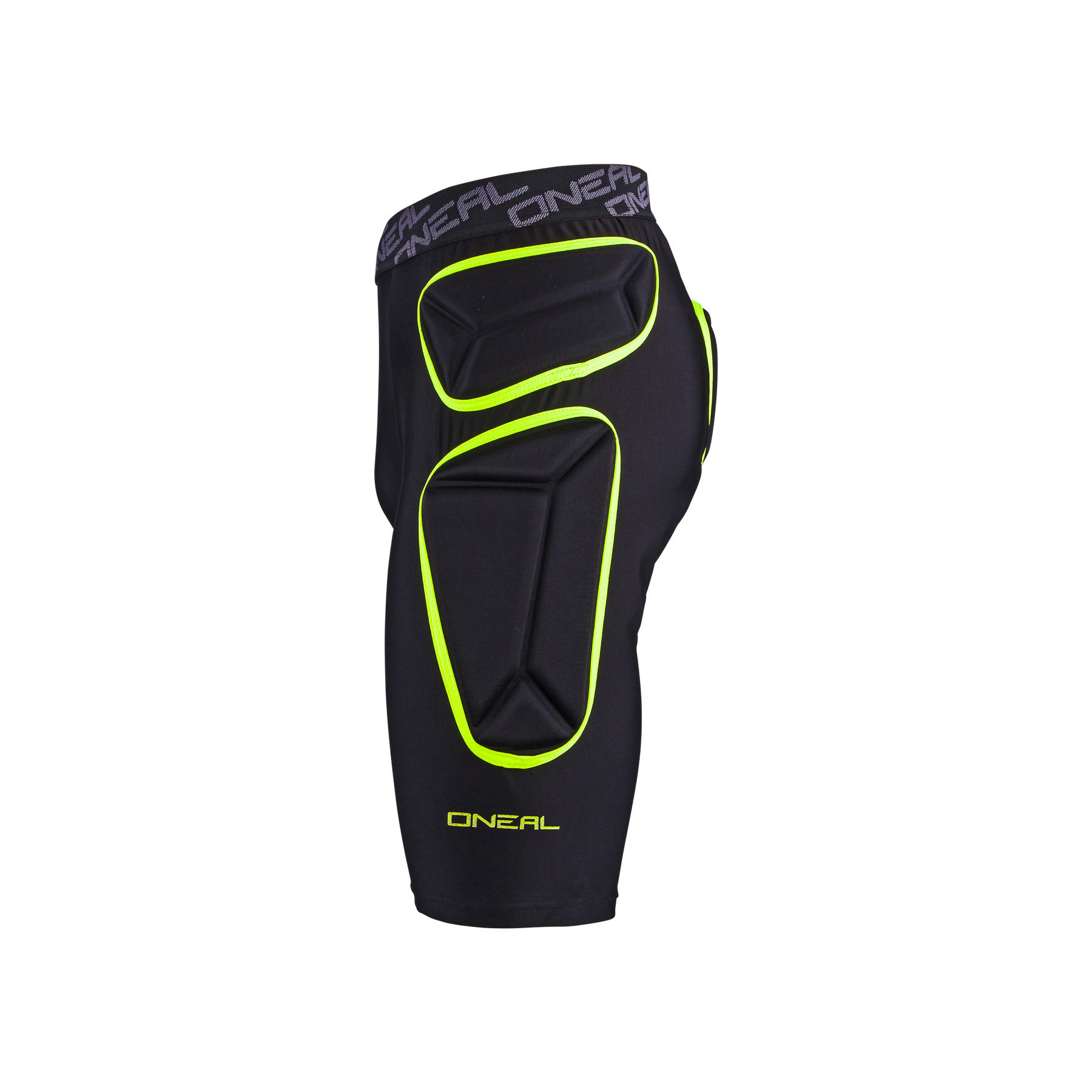 Die O'NEAL TRAIL Short ist eine gepolsterte Shorts mit neongelben Akzenten und mehreren Schaumstoffpolstern an Oberschenkel, Hüfte und Steißbein für Aufprallschutz beim Sport.