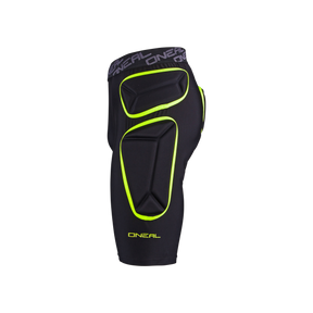Die O'NEAL TRAIL Short ist eine gepolsterte Shorts mit neongelben Akzenten und mehreren Schaumstoffpolstern an Oberschenkel, Hüfte und Steißbein für Aufprallschutz beim Sport.