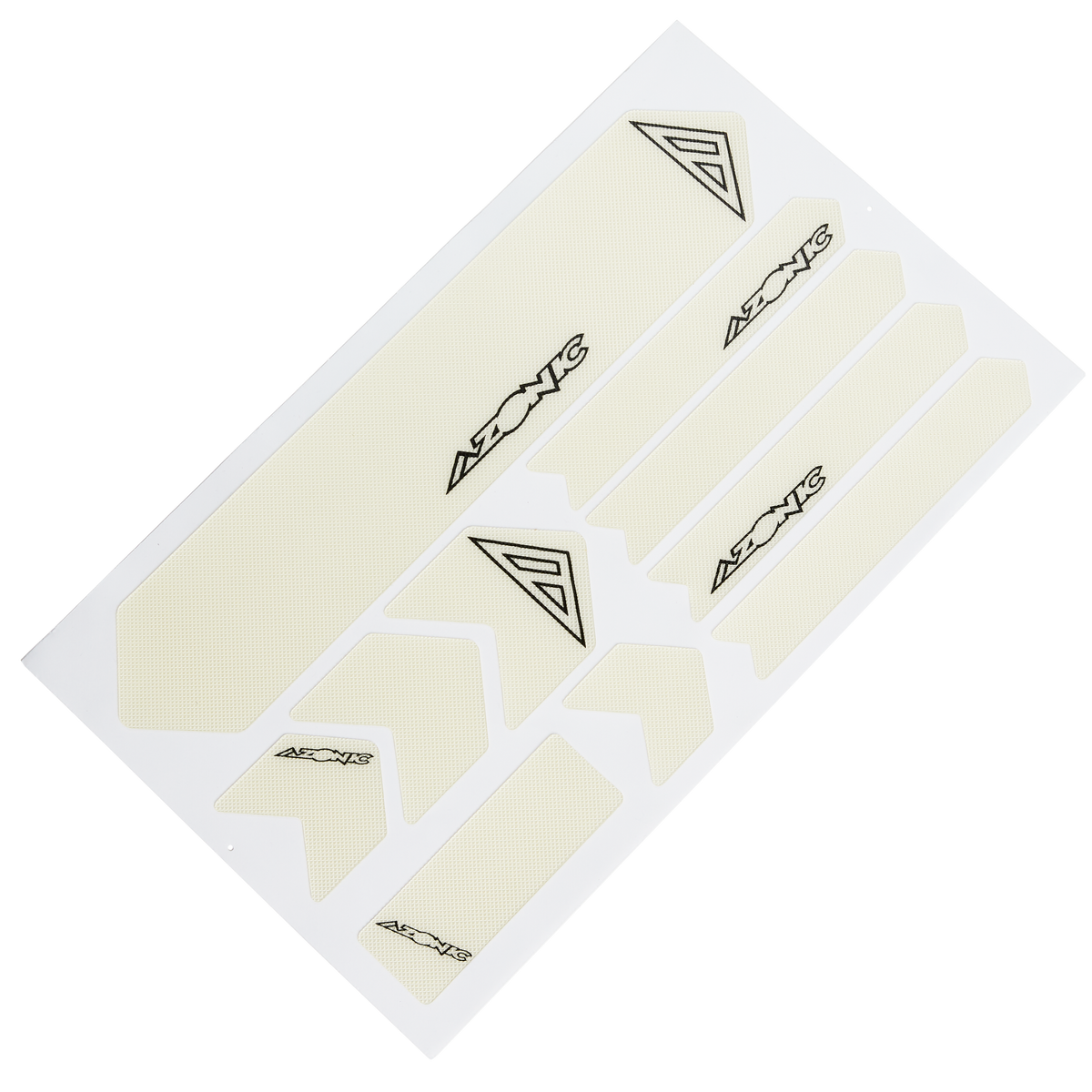 Ein weißes Blatt mit mehreren cremefarbenen AZONIC FRAME GUARDS, jeweils mit dem Schriftzug "AZONIC" und einem dreieckigen Logo, die in verschiedenen Formen und Größen zum Schutz oder zur Dekoration angeordnet sind.