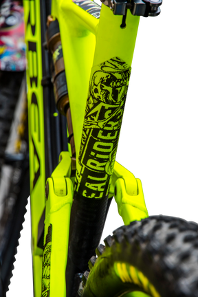 Primo piano di un AZONIC FRAME GUARD di colore giallo neon con una grafica nera e il testo "EAT RICE". L'immagine mostra anche una parte della sospensione posteriore e uno pneumatico posteriore a forma di manopola. Marchio: AZONIC.