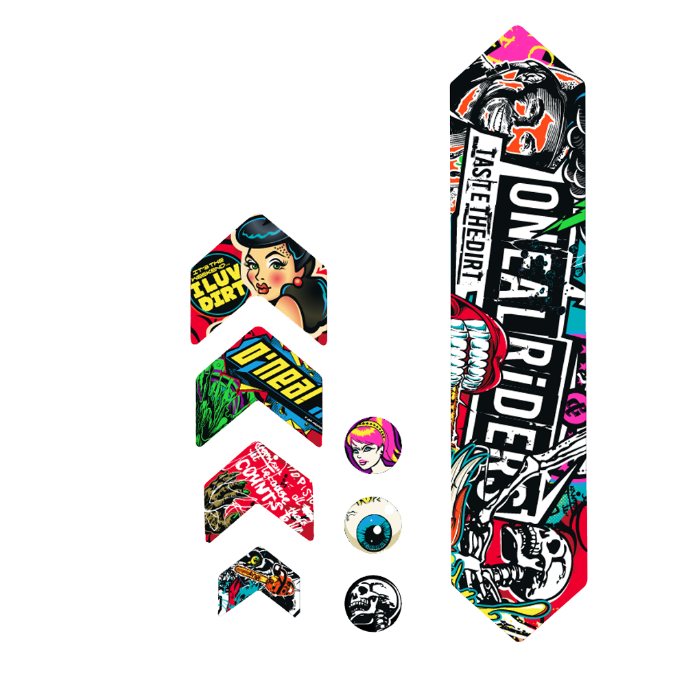Ein Set von AZONIC FRAME GUARDS von AZONIC mit farbenfrohen Aufklebern im Comic-Stil mit fetten Texten und Pop-Art-Motiven, darunter Gesichter, ein Augapfel und Sätze wie "ONEAL RIDERS" und "TASTE THE DIRT".