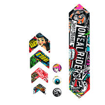 Ein Set von AZONIC FRAME GUARDS von AZONIC mit farbenfrohen Aufklebern im Comic-Stil mit fetten Texten und Pop-Art-Motiven, darunter Gesichter, ein Augapfel und Sätze wie "ONEAL RIDERS" und "TASTE THE DIRT".