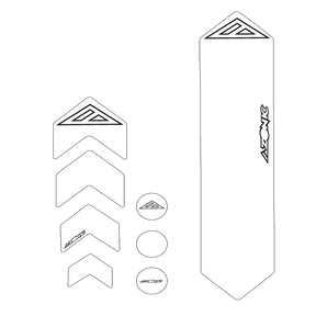AZONIC FRAME GUARDS di AZONIC comprende adesivi sagomati a forma di chevron, cerchi, forme allungate e triangoli, alcuni dei quali presentano il logo stilizzato "AZONIC".