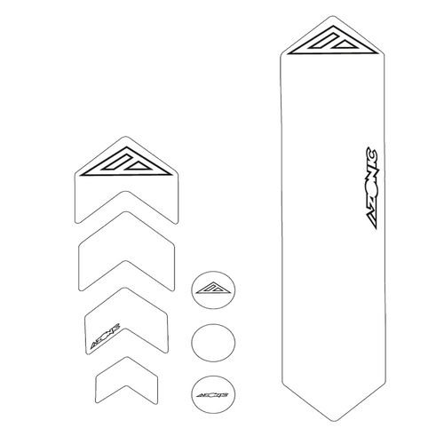 AZONIC FRAME GUARDS de AZONIC incluye adhesivos contorneados en forma de chevrones, círculos, formas alargadas y triángulos, algunos de ellos con el logotipo estilizado 