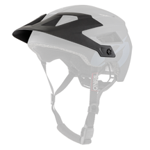 The O'NEAL Visor DEFENDER Helmet SOLID is a matt black and gray mountain bike helmet with multiple ventilation openings, an adjustable visor, chin strap and the red and white O'NEAL logo.