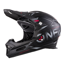 The O'NEAL FURY helmet SYNTHY is a black and gray full-face mountain bike helmet with visor, eye-catching "ONE" graphics, red accents, comfortable interior with sophisticated patterns and increased safety for every ride.