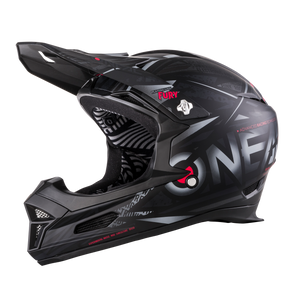 The O'NEAL FURY helmet SYNTHY is a black and gray full-face mountain bike helmet with visor, eye-catching "ONE" graphics, red accents, comfortable interior with sophisticated patterns and increased safety for every ride.