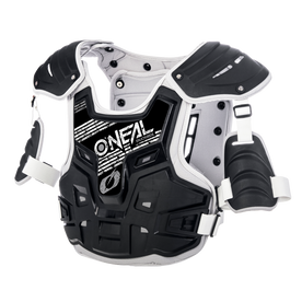 El protector pectoral O'NEAL PXR en blanco y negro cuenta con acolchado en hombros y laterales, correas ajustables y un llamativo logotipo O'NEAL en la parte delantera. Se muestra sobre un fondo blanco liso.