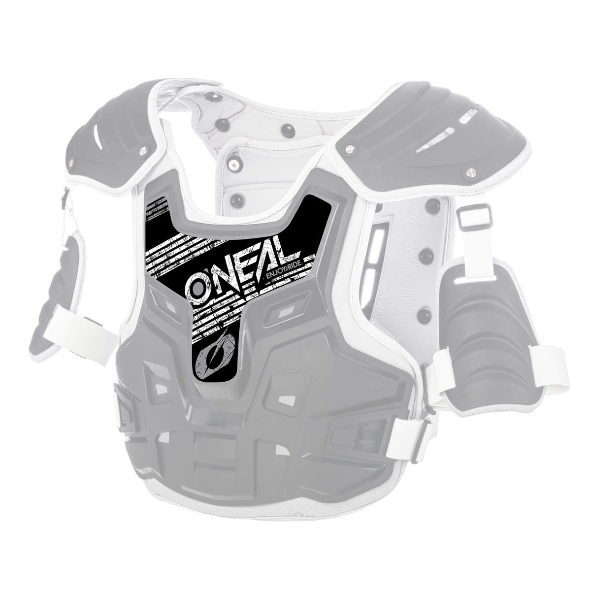 The O'NEAL Sticker PXR Stone Shield is a black and white motocross chest protector with shoulder and arm protectors, adjustable straps and an eye-catching O'NEAL logo on the front.
