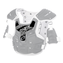 El Escudo de Piedra O'NEAL Sticker PXR es un protector pectoral de motocross en blanco y negro con protectores de hombros y brazos, correas ajustables y un llamativo logotipo O'NEAL en la parte delantera.