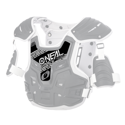 L'O'NEAL Sticker PXR Stone Shield est un protège-poitrine motocross noir et blanc avec des protections pour les épaules et les bras, des bretelles réglables et un logo O'NEAL accrocheur sur le devant.