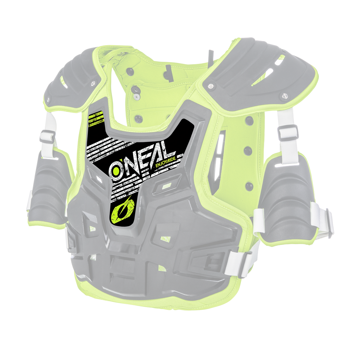 The O'NEAL Sticker PXR Stone Shield is a black and neon green chest protector with shoulder protection, adjustable white straps and the O'NEAL logo on the front - for safety when riding motocross or off-road.