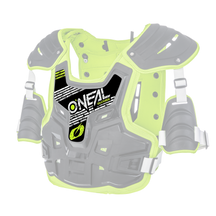 El Protector Pectoral PXR Sticker Stone Shield de O'NEAL es un protector pectoral negro y verde neón con protección para los hombros, correas blancas ajustables y el logotipo de O'NEAL en la parte delantera, para mayor seguridad cuando practicas motocross o todoterreno.
