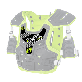 Le Sticker PXR Stone Shield d'O'NEAL est un protège-poitrine noir et vert fluo avec des protections pour les épaules, des sangles blanches réglables et le logo O'NEAL sur le devant - pour la sécurité lors de la pratique du motocross ou du tout-terrain.