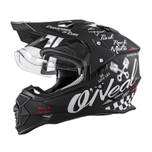 The O'NEAL SIERRA helmet TORMENT is a black helmet with visor, decorated with white and red graphics such as pistons, checkered flags and striking slogans ("Rock Moto", "Born in the Dirt").