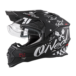 The O'NEAL SIERRA helmet TORMENT is a black helmet with visor, decorated with white and red graphics such as pistons, checkered flags and striking slogans ("Rock Moto", "Born in the Dirt").