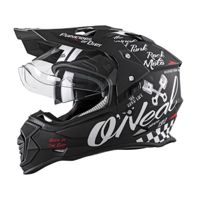 The O'NEAL SIERRA Helmet TORMENT is a black motocross helmet with white and red graphics, piston details, slogans such as "Purveyors of Dirt" and "Born In The Dirt", a clear visor and eye-catching O'NEAL branding on the side.