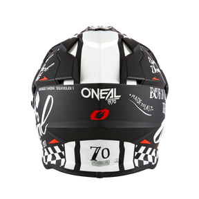 Rear view of the O'NEAL SIERRA helmet TORMENT in black and white with the 1970 logo, racing stripes, checkerboard pattern and various white graphic texts on a matt black surface.
