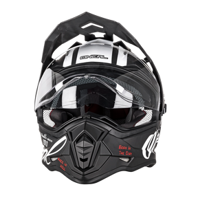 The O'NEAL SIERRA TORMENT helmet from O'NEAL is a black and white helmet with a clear visor, angular design and red "Born in the Dirt" and "Made in Hell" lettering on the front - perfect for bold riders.