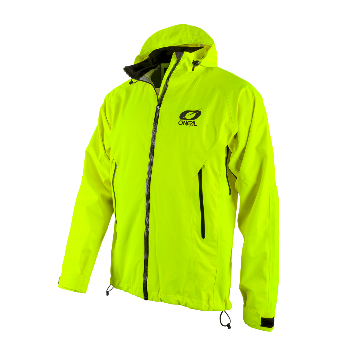 Die O'NEAL TSUNAMI Regenjacke ist eine leuchtend gelbe Regenjacke mit Kapuze, Frontreißverschluss und zwei seitlichen Reißverschlusstaschen, die auf schwarzem Hintergrund abgebildet ist.