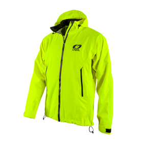 Die O'NEAL TSUNAMI Regenjacke ist eine leuchtend gelbe Regenjacke mit Kapuze, Frontreißverschluss und zwei seitlichen Reißverschlusstaschen, die auf schwarzem Hintergrund abgebildet ist.