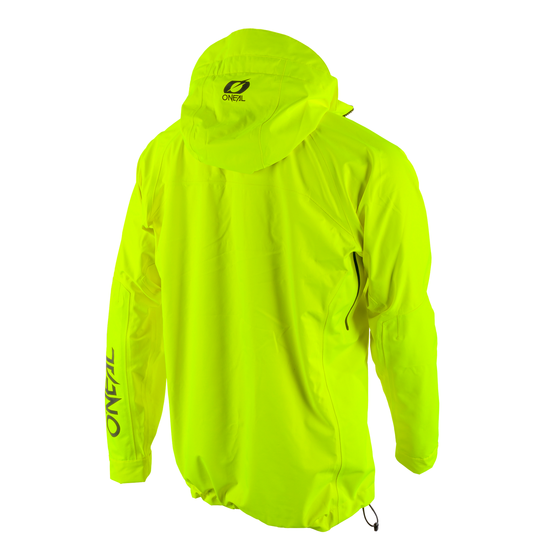Eine leuchtend gelbe O'NEAL TSUNAMI Regenjacke mit dem Logo auf der Rückseite der Kapuze und dem linken Ärmel, dargestellt vor einem schwarzen Hintergrund.