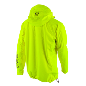 Una giacca da pioggia O'NEAL Tsunami di colore giallo brillante con il logo sul retro del cappuccio e sulla manica sinistra, su sfondo nero.