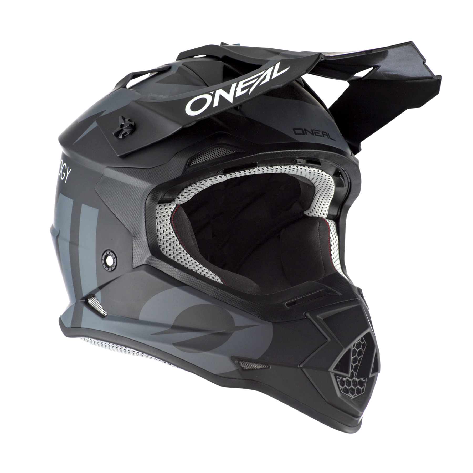 Der O'NEAL 2SRS Helm SLICK ist ein schwarzer Motocross-Helm mit Visier und Belüftungsöffnungen, auffälligem weißem O'NEAL-Branding und grafischen Seitenakzenten - ein Muss für jeden Fahrer.