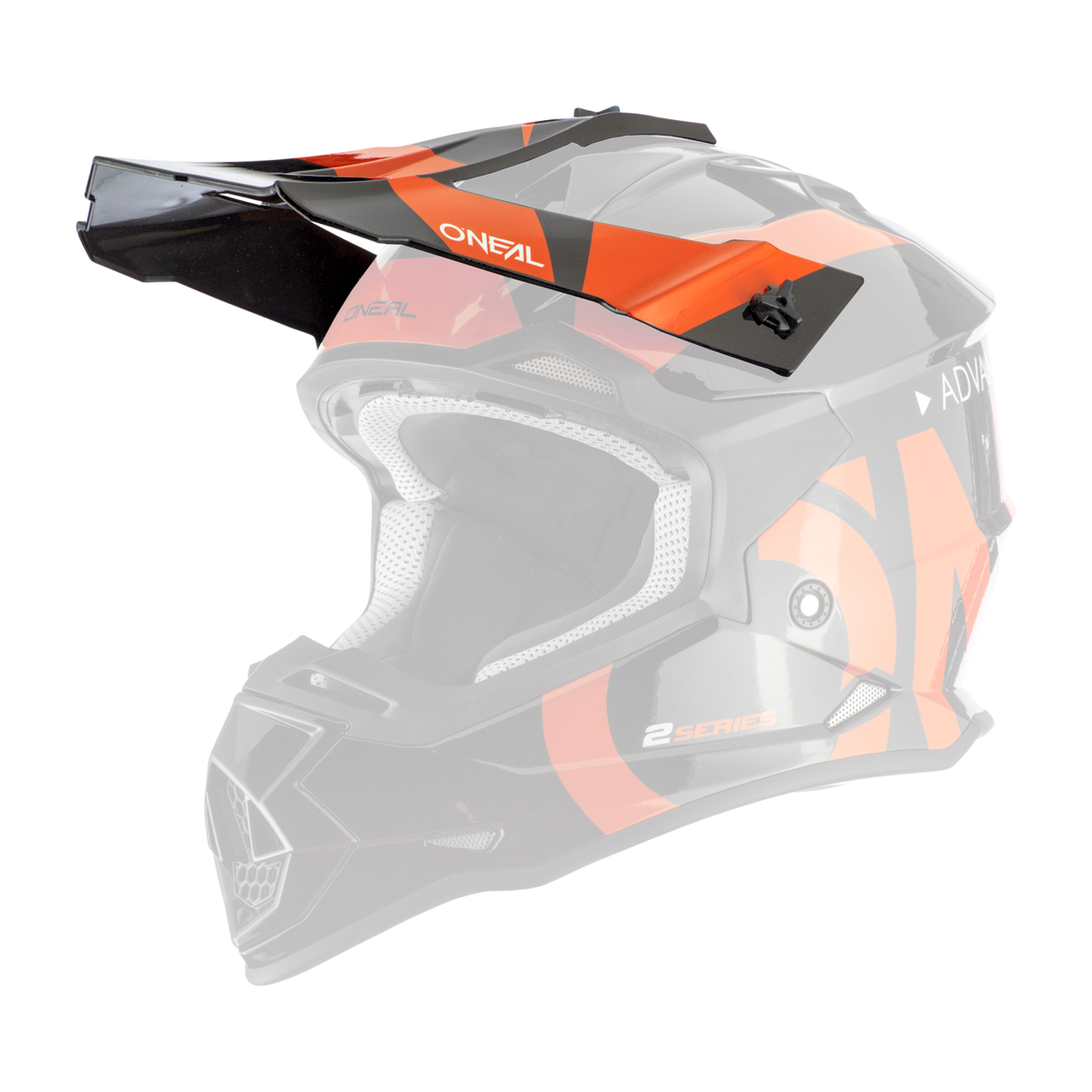El Casco O'NEAL Visor 2SRS SLICK es un casco de motocross negro, rojo y naranja con aberturas de ventilación, visera, forro interior visible y letras "O'NEAL" con el texto "Serie 2" en el lateral.